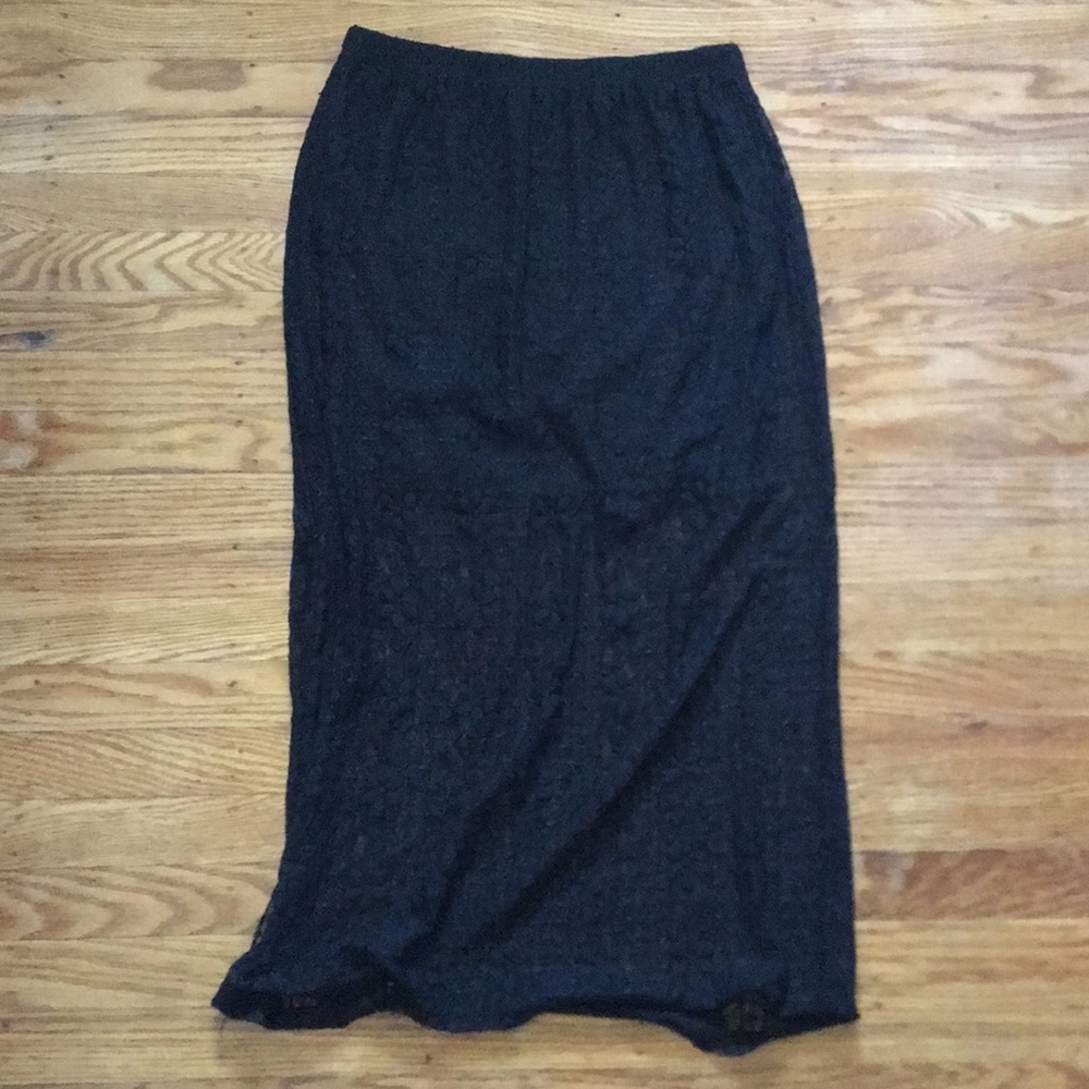 Black sheer lace maxi skirt with mini slip, S